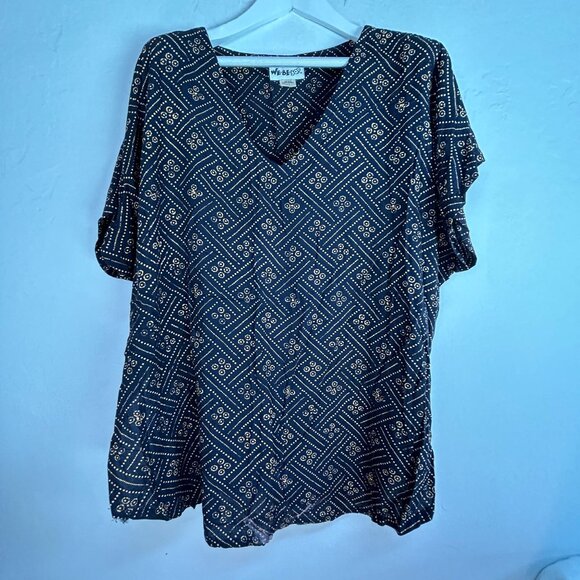 We-Be-Bop Womens 2X Black Gold Geometric Print V-Neck Short Sleeve Tunic Blouse - Picture 1 of 9